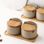 Spice Jar Set | Ceramic with Bamboo Lids | 2 Jars & Tray