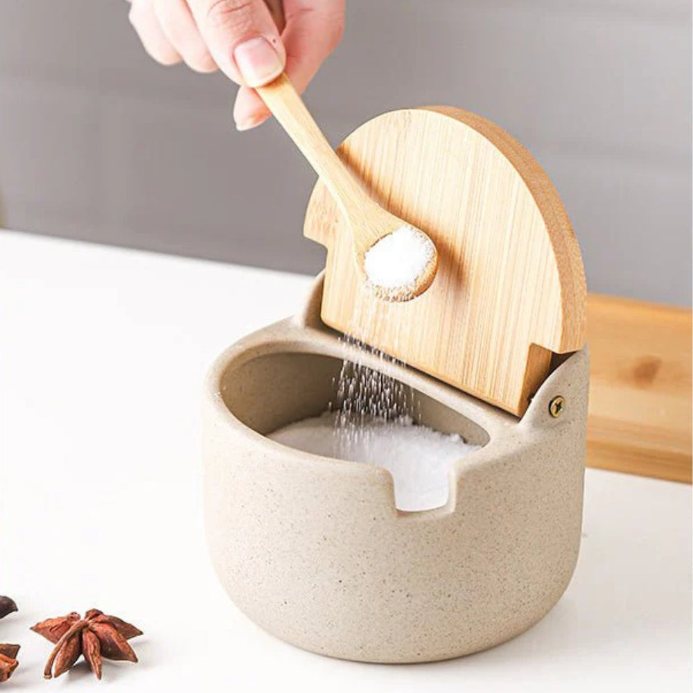 Spice Jar Set | Ceramic with Bamboo Lids | 2 Jars & Tray