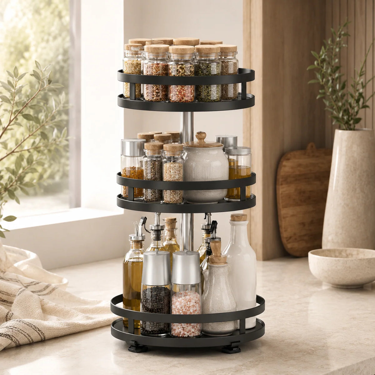 Spice Rack | 360° Rotating Multi-Tier Organizer | Holds 10–20+ Jars