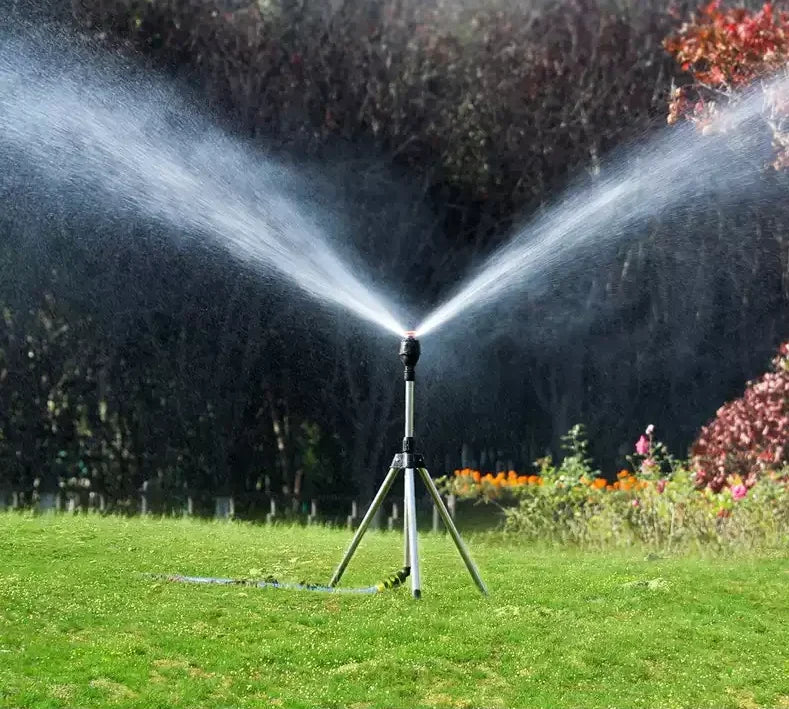 Garden Sprinkler | 360° Rotating Head | Stainless Steel Tripod