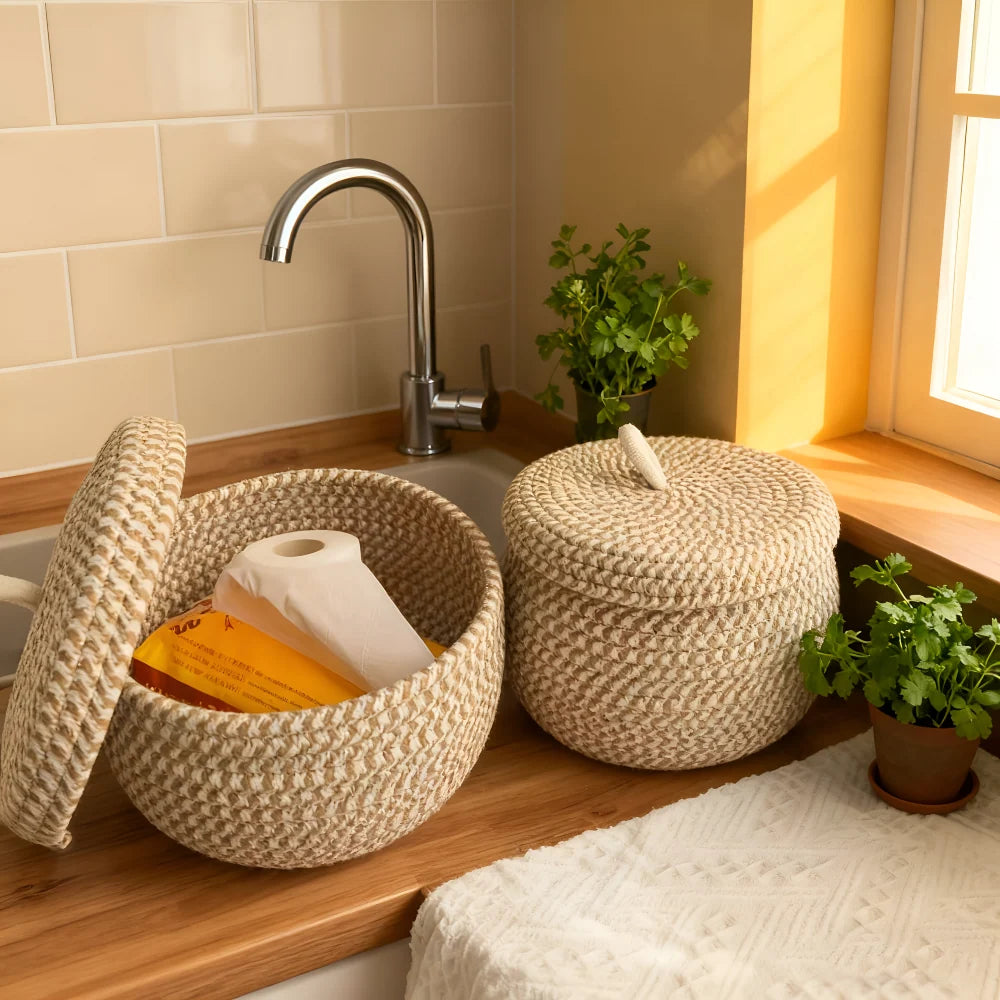 Storage Basket | Jute & Cotton With Lid