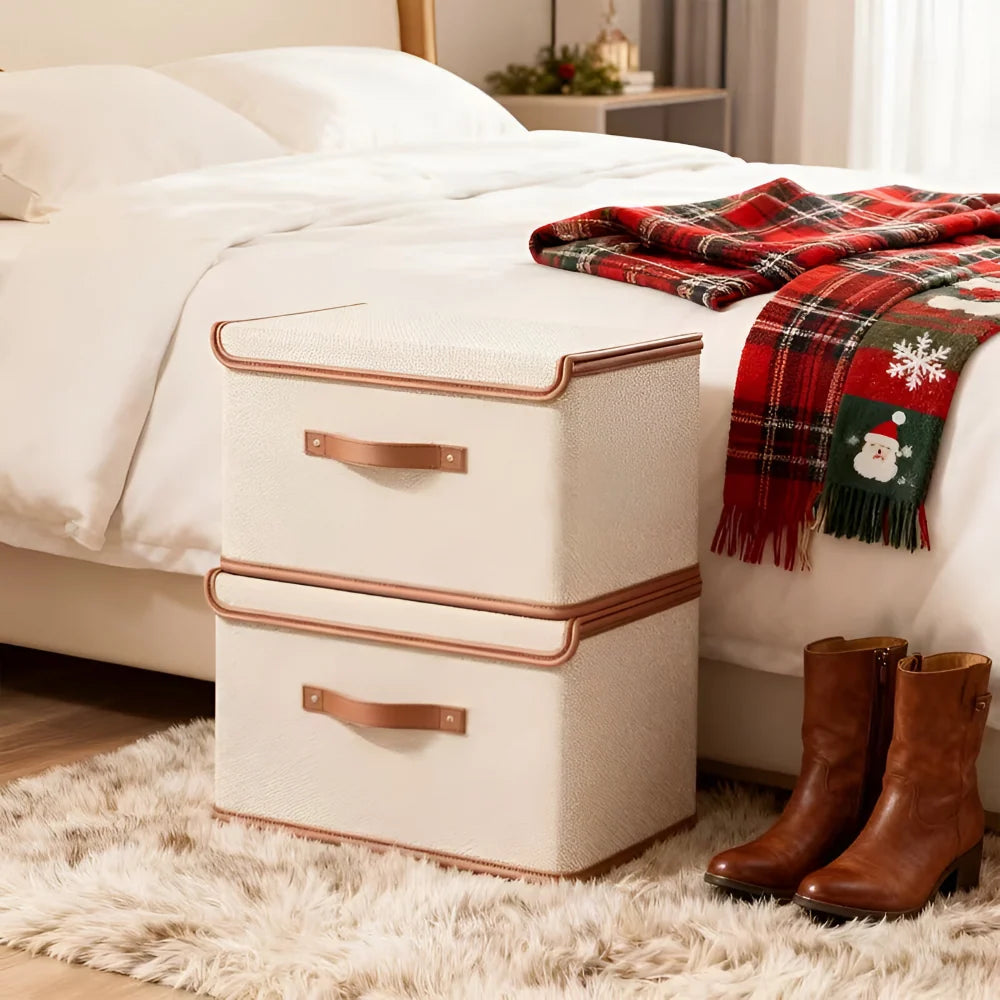 Storage Box | Foldable & Stackable | Leather Handles & Lid