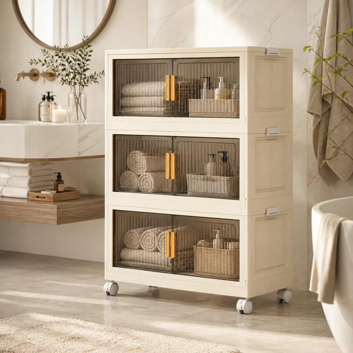 Storage Cabinet | Collapsible & Stackable | Rolling Wheels