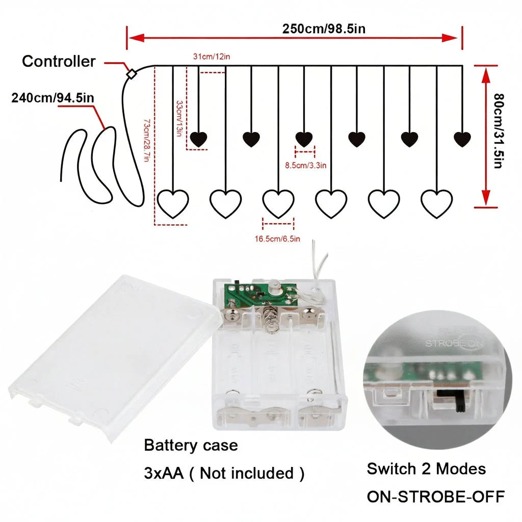 String Lights | Heart-Shaped Warm-White LEDs & Battery-Powered