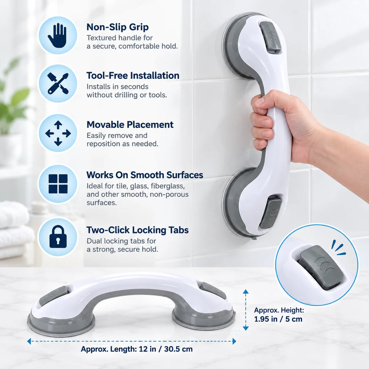 Suction Grab Bar | Ergonomic Non-Slip & Tool-Free Mount
