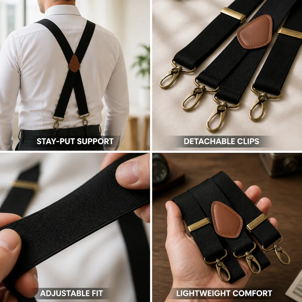 Suspenders | X-Back Adjustable & Lightweight | 4 Removable Clips