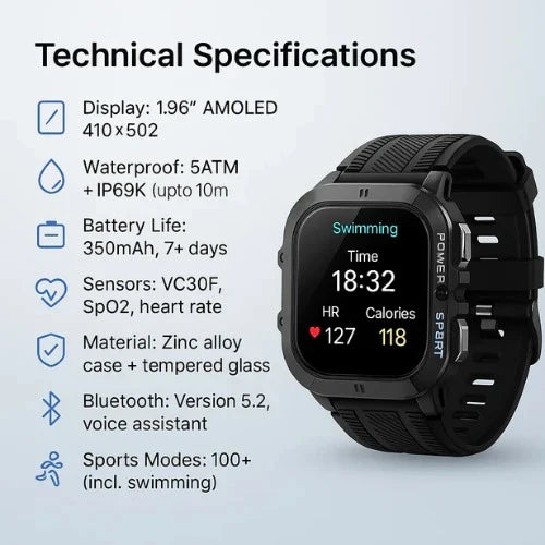 Swimming Smartwatch | Waterproof & Swim Fitness Tracking | 5ATM + IP69PX