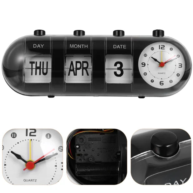Table Clock | Mechanical Calendar & Quartz Analog | 26.5 × 9 × 10 cm
