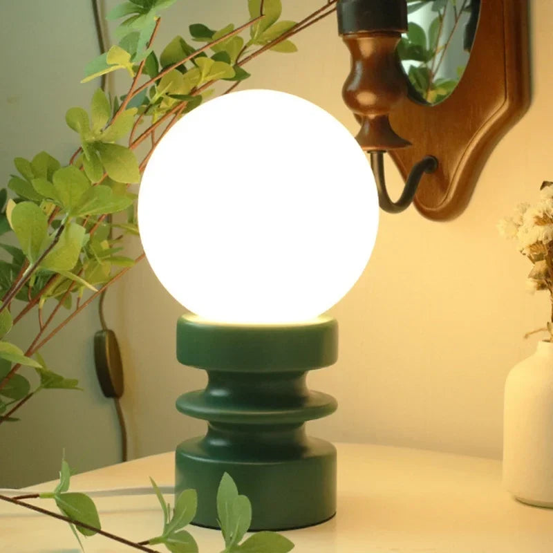 Table Lamp | Bauhaus White Glass Globe & Colorful Base | Compact