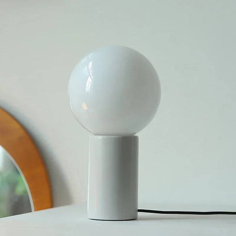 Table Lamp | Bauhaus White Glass Globe & Colorful Base | Compact