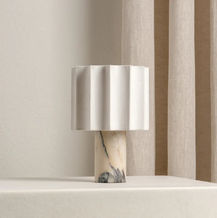 Table Lamp | Calacatta Marble Base & Linen Shade | Rechargeable Wireless