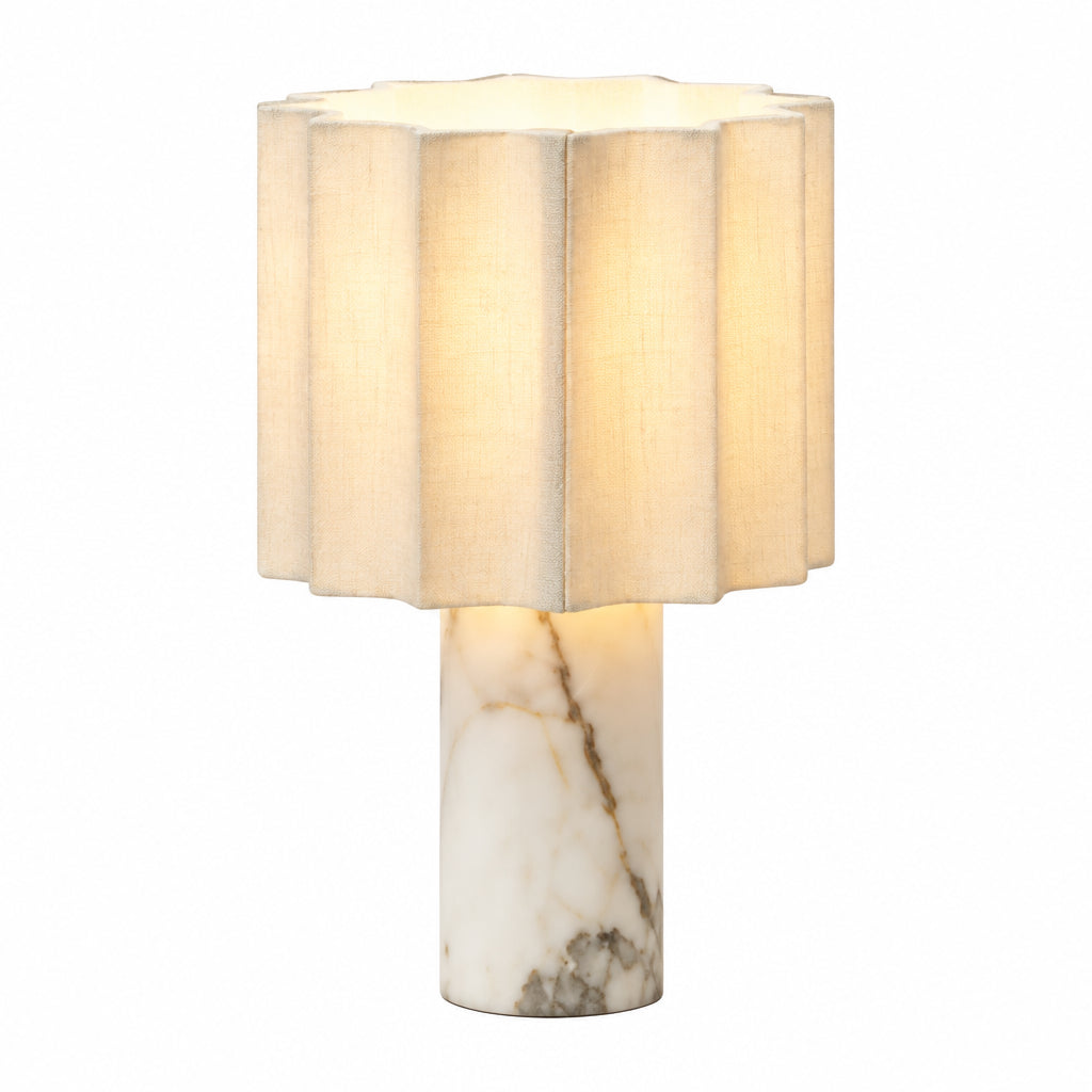Table Lamp | Calacatta Marble Base & Linen Shade | Rechargeable Wireless