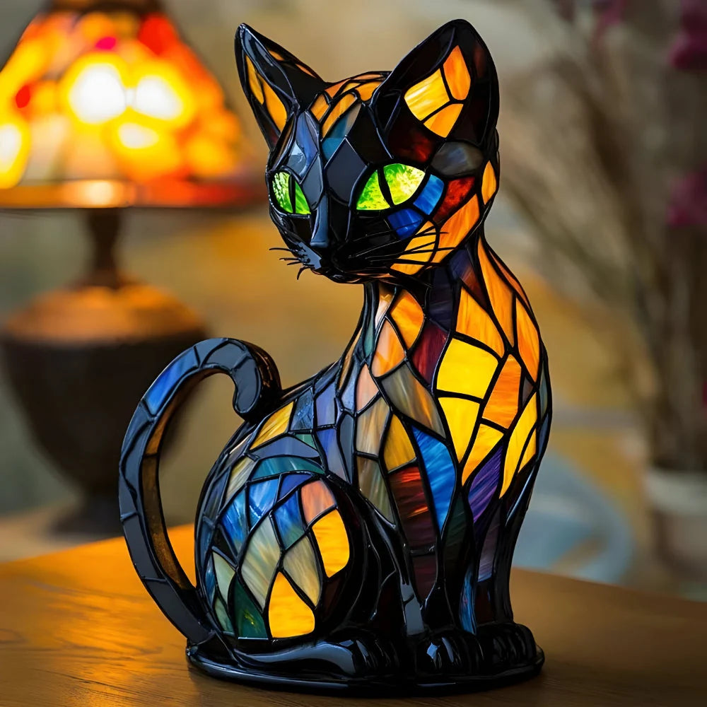 Table Lamp | Cat-Shaped Glass Mosaic & Colour-Changing | E14 Socket