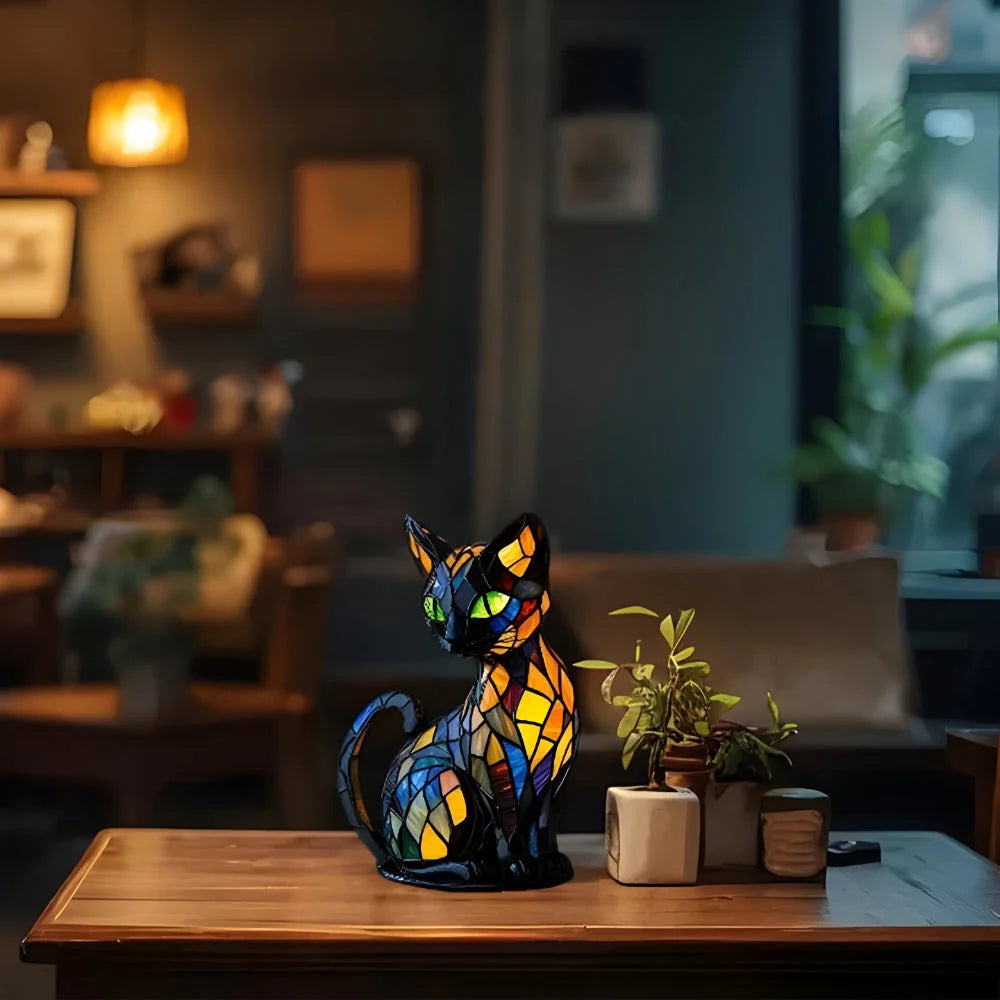 Table Lamp | Cat-Shaped Glass Mosaic & Colour-Changing | E14 Socket