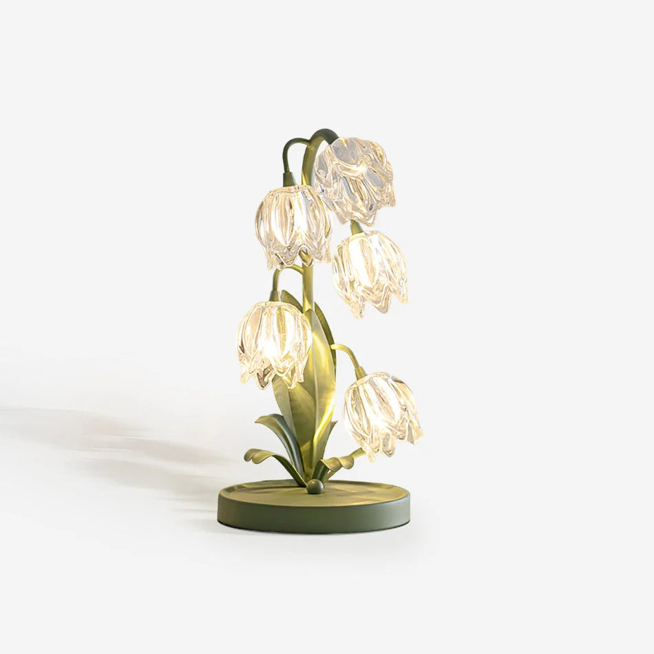 Table Lamp | Floral Glass Petal Shade & Green Metal Stem | 37 cm Height