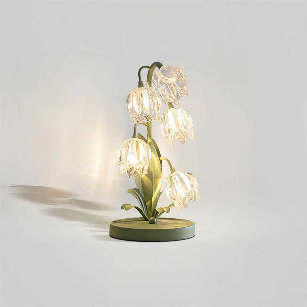 Table Lamp | Floral Glass Petal Shade & Green Metal Stem | 37 cm Height