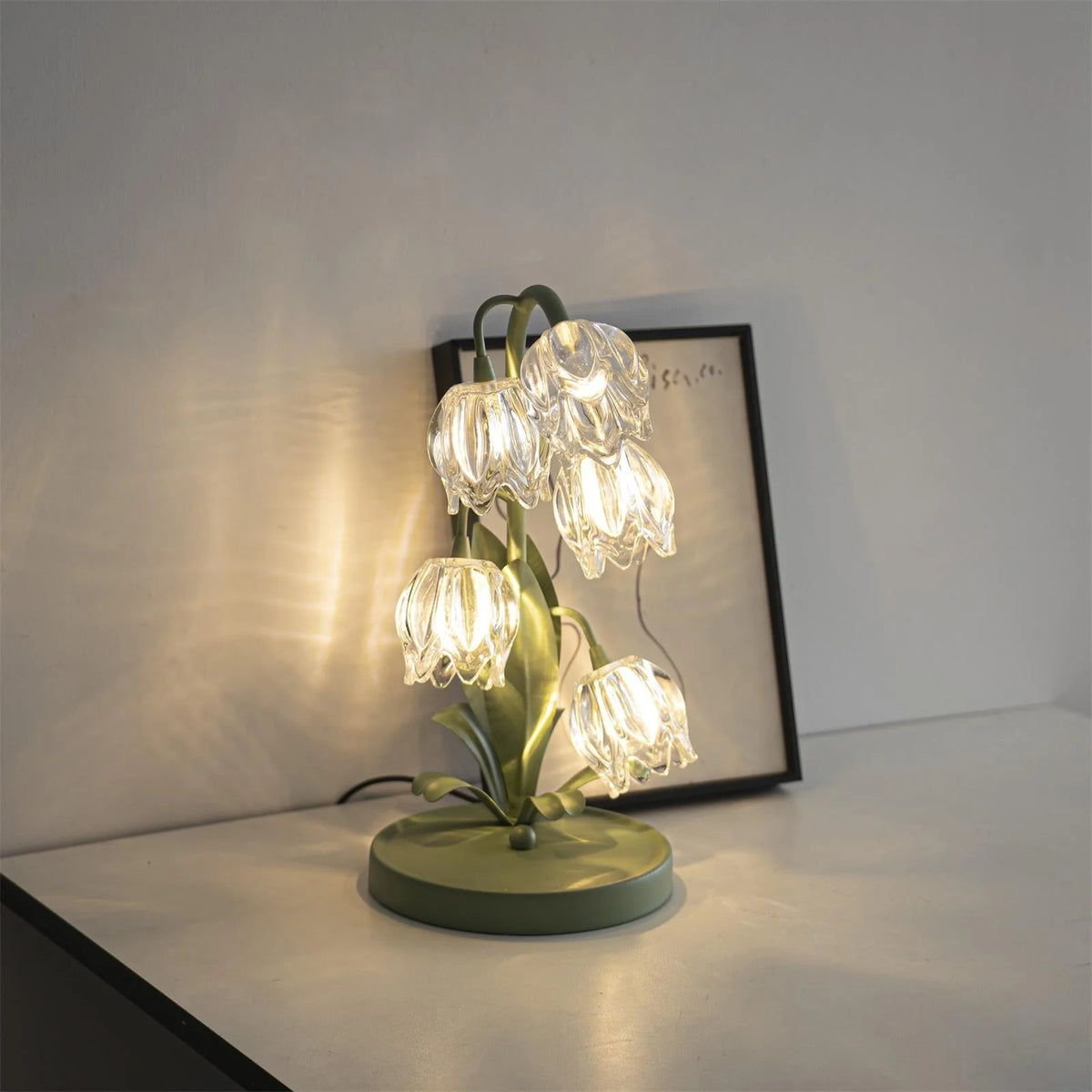 Table Lamp | Floral Glass Petal Shade & Green Metal Stem | 37 cm Height
