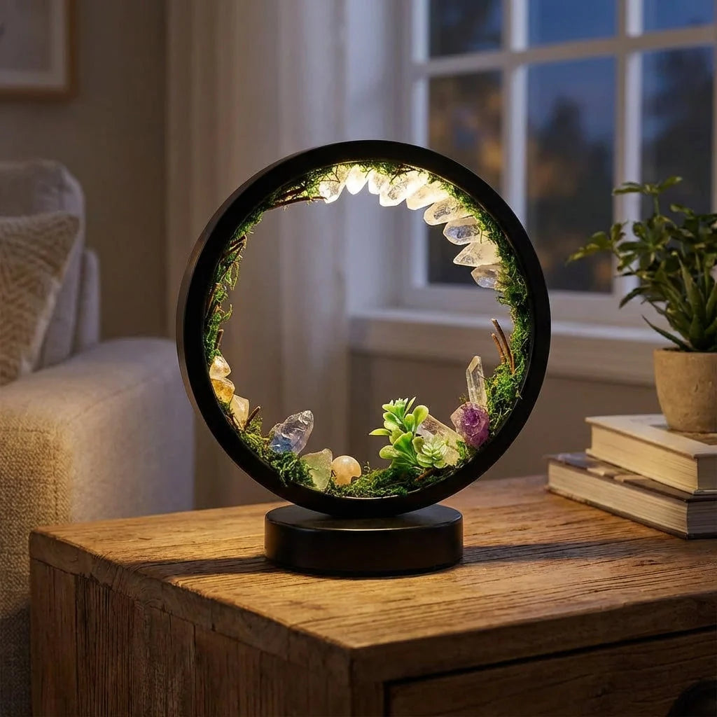 Table Lamp | Genuine Crystals & Lifelike Greenery | 18 x 22 cm
