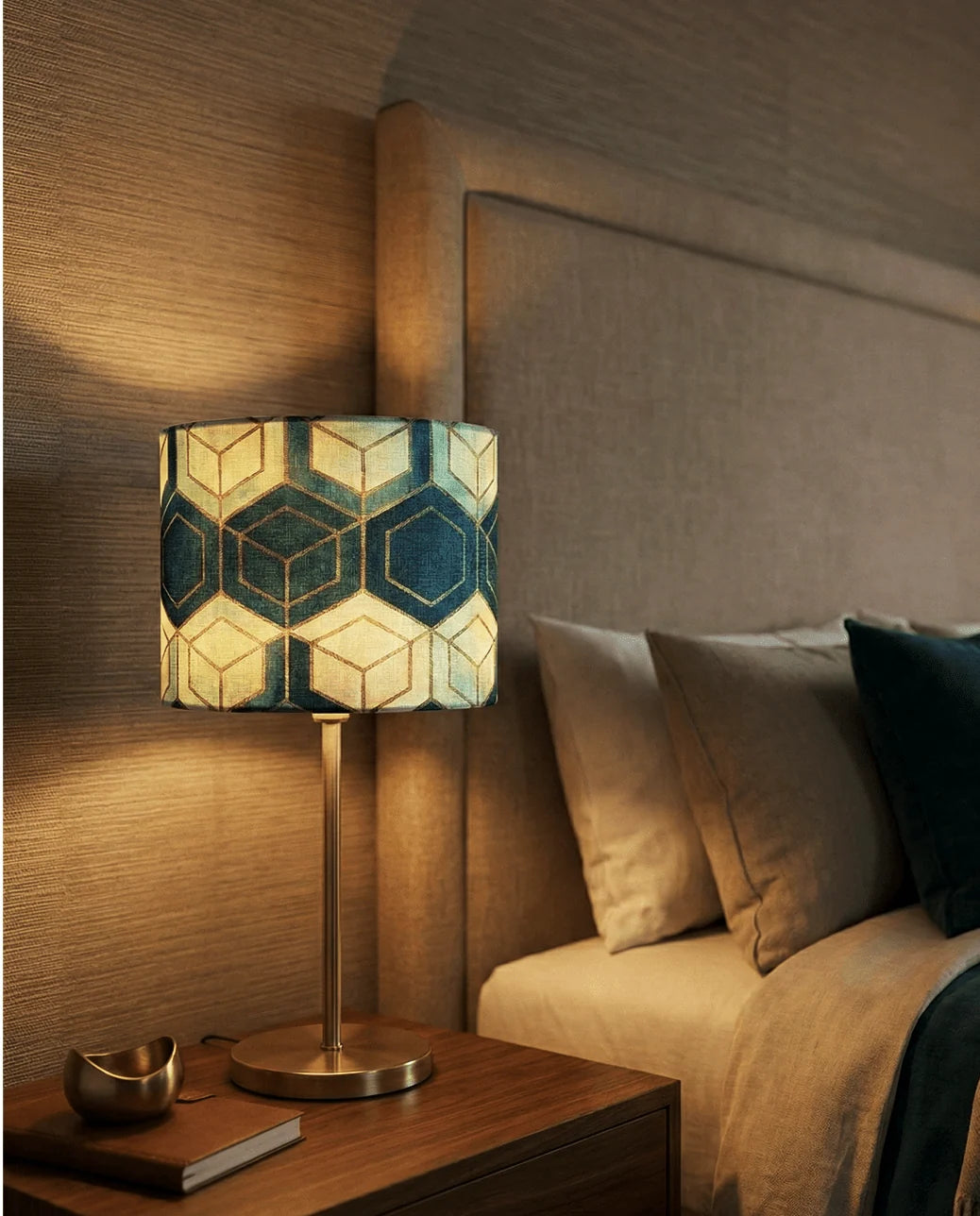Table Lamp | Geometric Fabric Shade & Brass-Finish Metal Frame