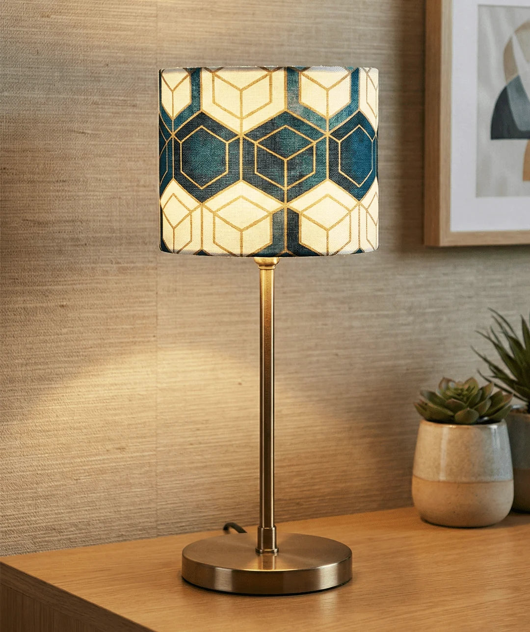 Table Lamp | Geometric Fabric Shade & Brass-Finish Metal Frame