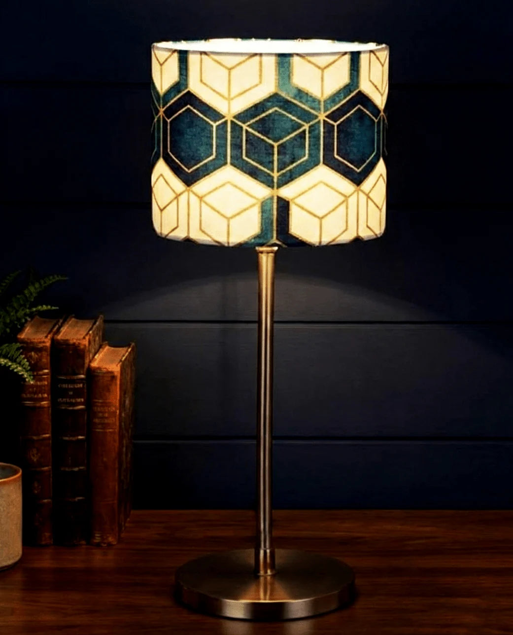 Table Lamp | Geometric Fabric Shade & Brass-Finish Metal Frame