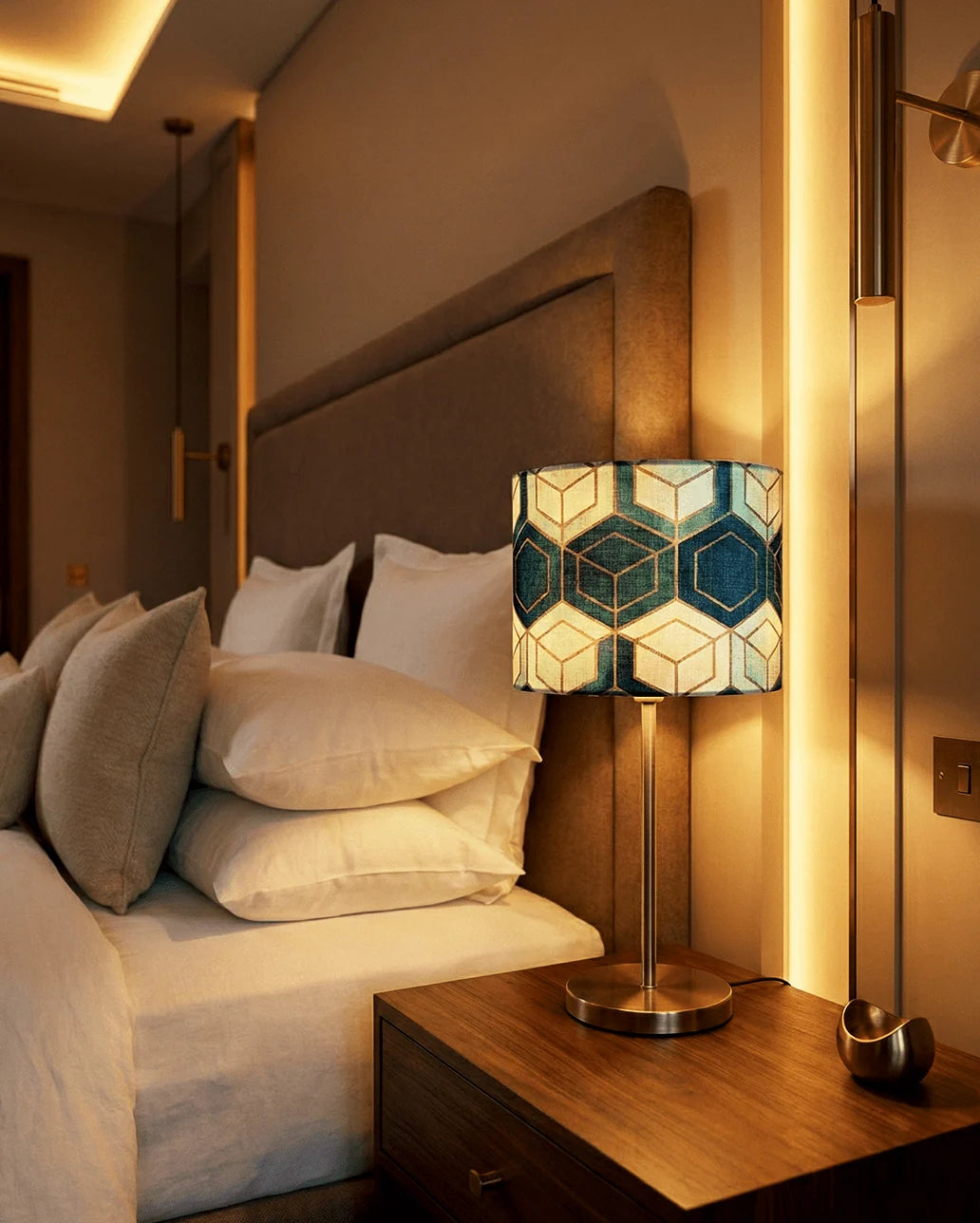 Table Lamp | Geometric Fabric Shade & Brass-Finish Metal Frame