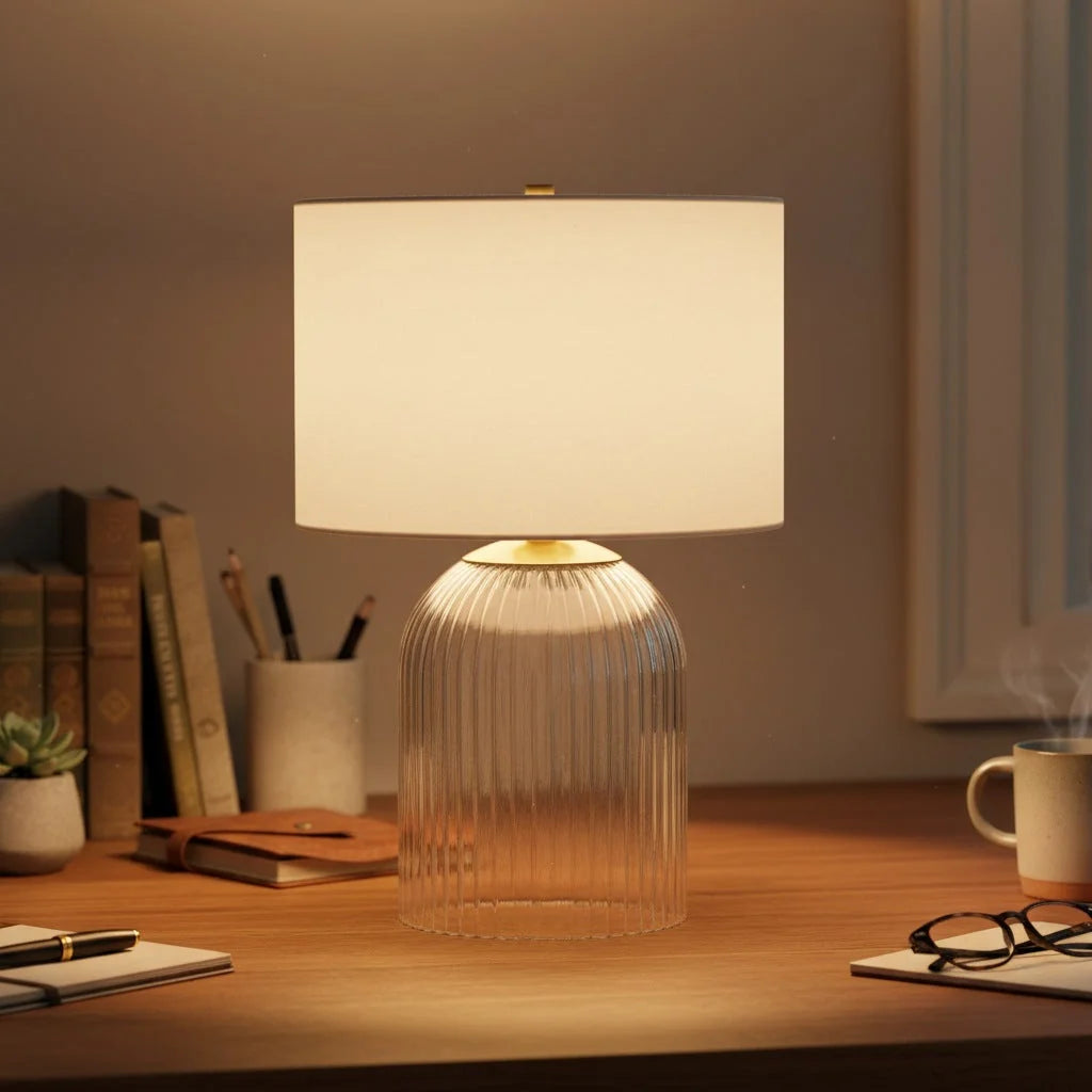Table Lamp | Glass Base & Linen Shade | E26 Compatible & Dimmable
