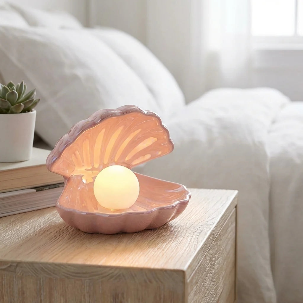 Table Lamp | Glazed Ceramic Shell & Cordless Removable Pearl Light