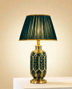 Table Lamp | Green Ceramic Base & Pleated Fabric Shade