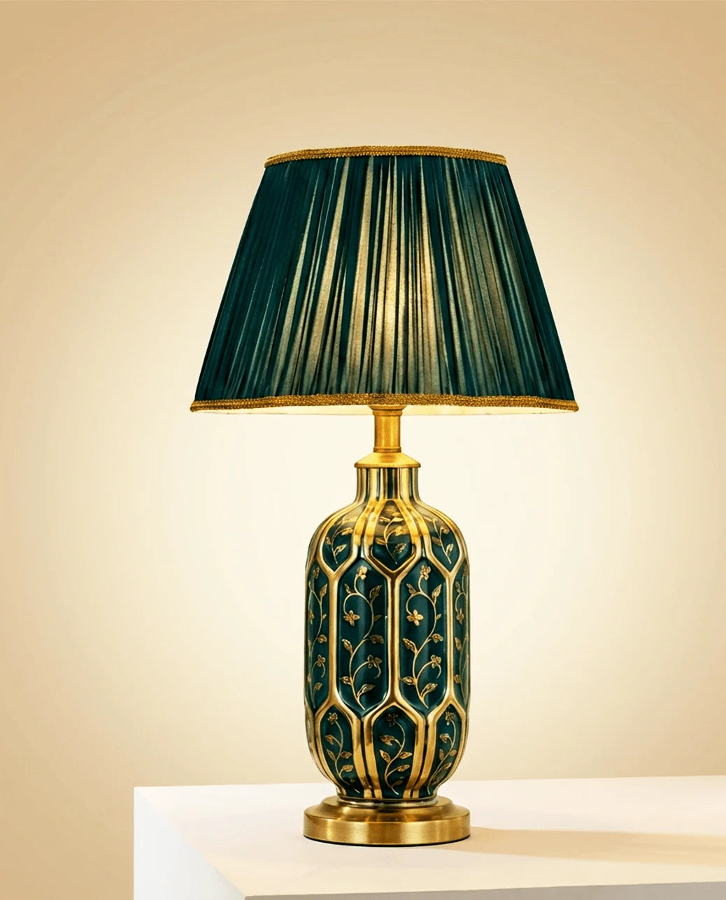 Table Lamp | Green Ceramic Base & Pleated Fabric Shade