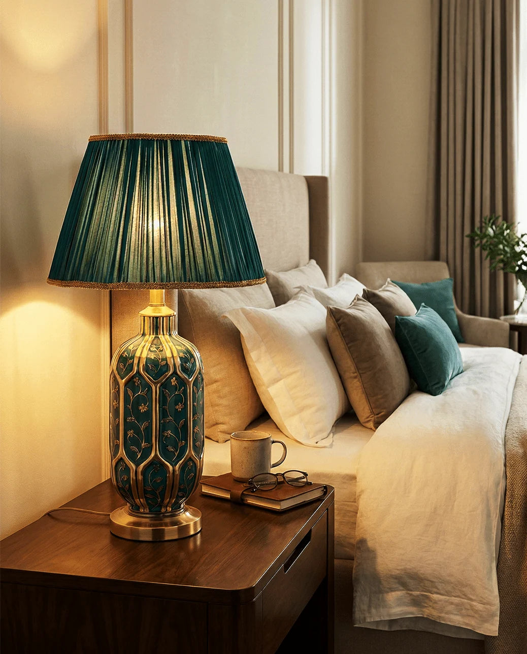 Table Lamp | Green Ceramic Base & Pleated Fabric Shade