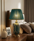 Table Lamp | Green Ceramic Base & Pleated Fabric Shade
