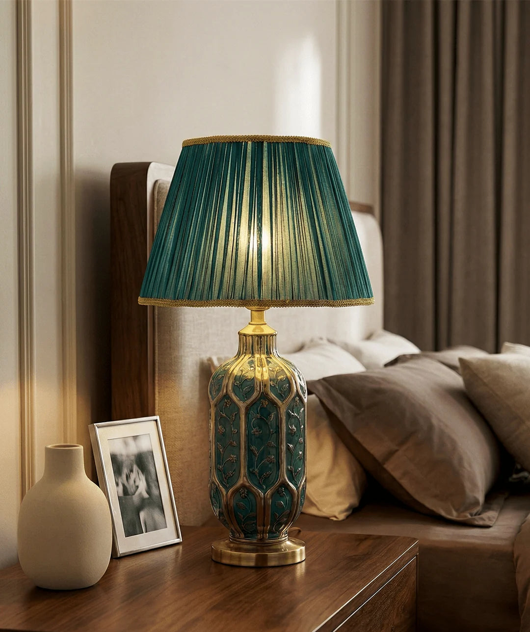 Table Lamp | Green Ceramic Base & Pleated Fabric Shade