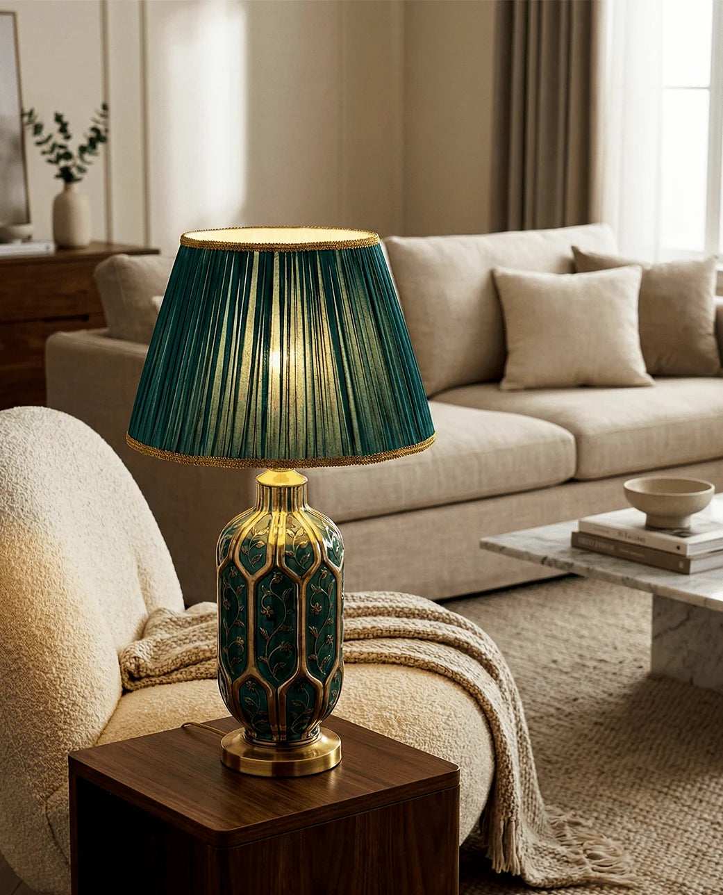 Table Lamp | Green Ceramic Base & Pleated Fabric Shade