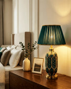 Table Lamp | Green Ceramic Base & Pleated Fabric Shade