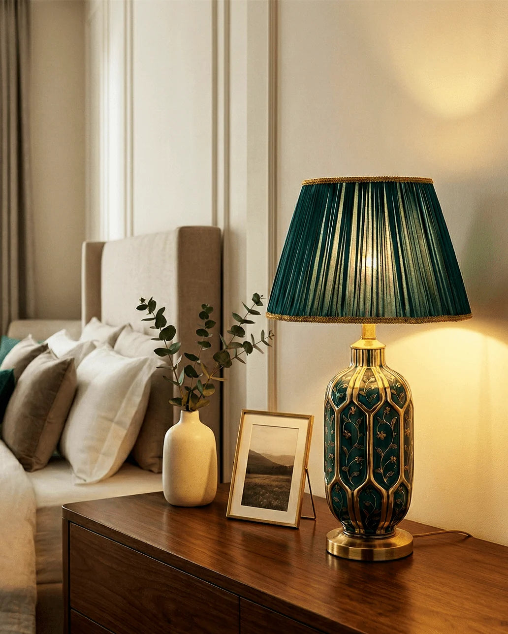 Table Lamp | Green Ceramic Base & Pleated Fabric Shade
