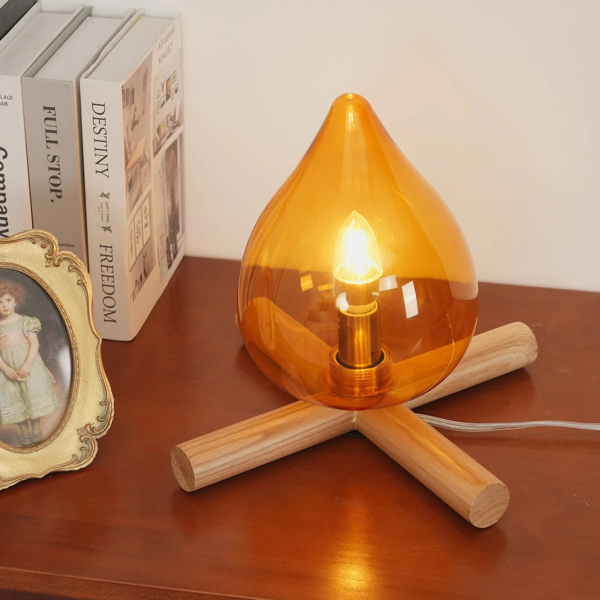 Table Lamp | Hand-Blown Glass Shade & Wood Cross Base