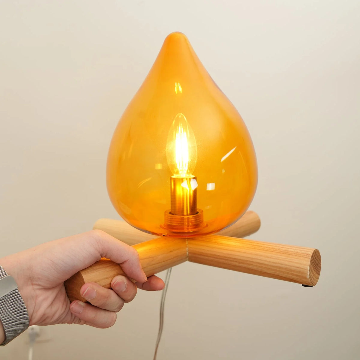 Table Lamp | Hand-Blown Glass Shade & Wood Cross Base