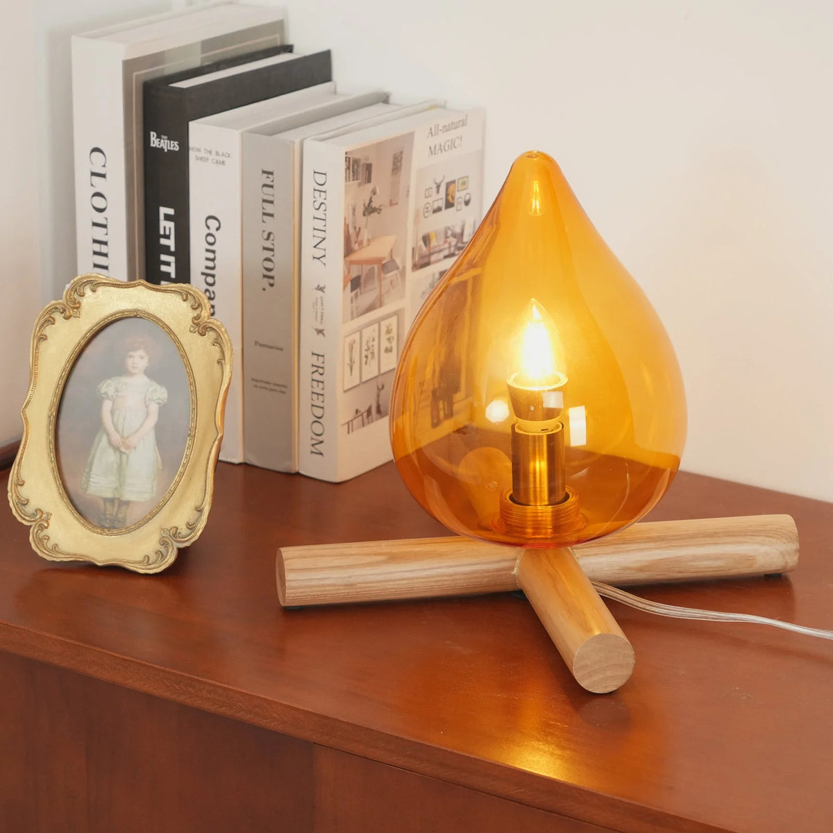 Table Lamp | Hand-Blown Glass Shade & Wood Cross Base
