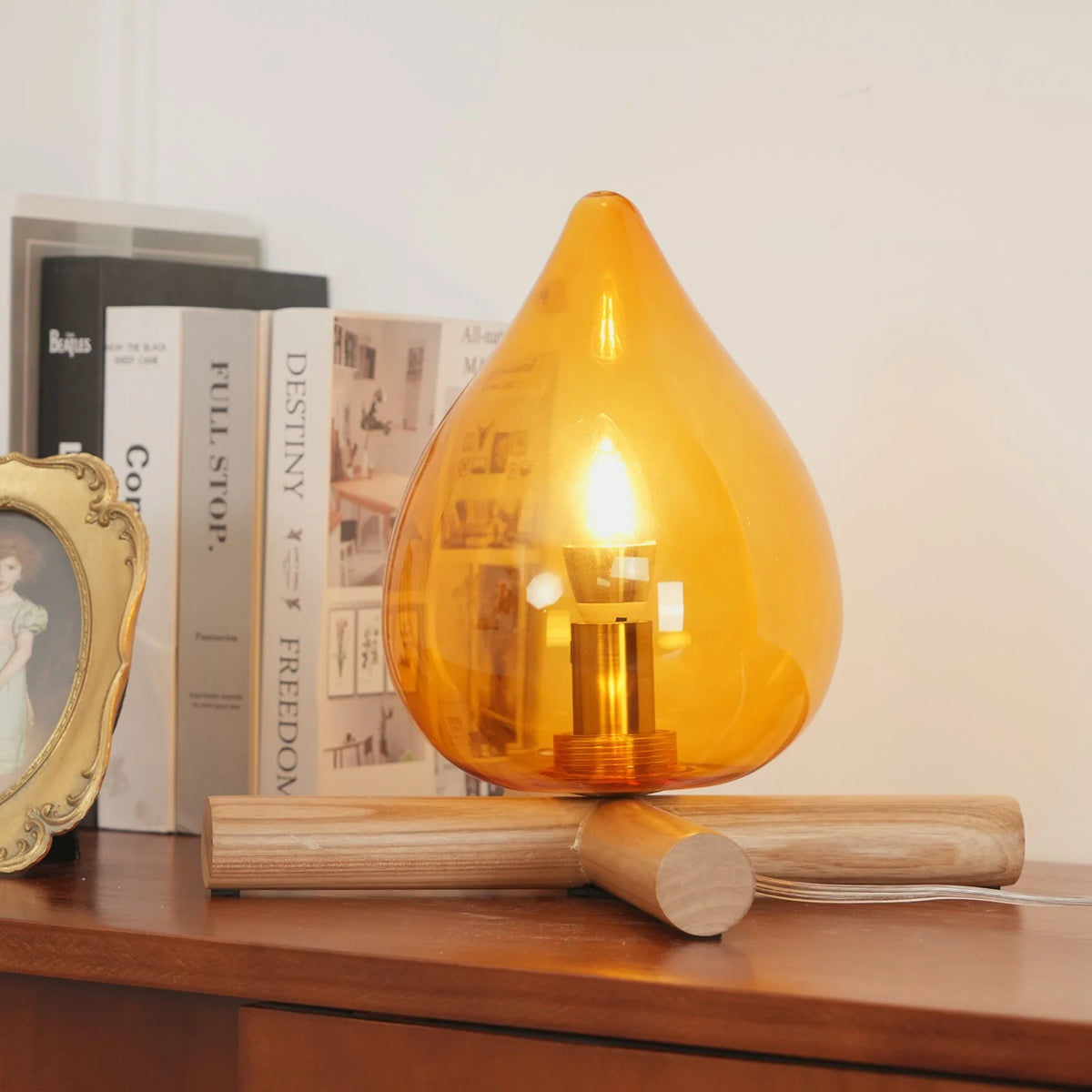 Table Lamp | Hand-Blown Glass Shade & Wood Cross Base