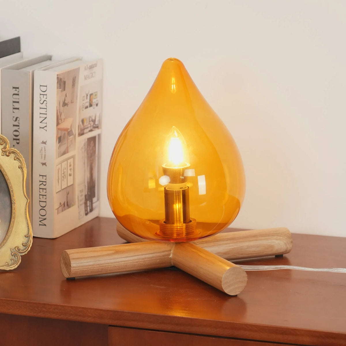 Table Lamp | Hand-Blown Glass Shade & Wood Cross Base
