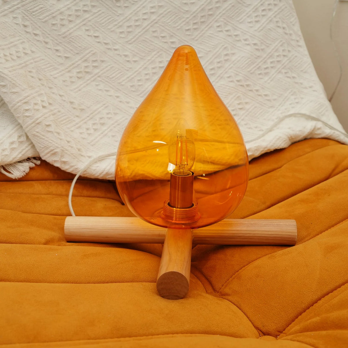 Table Lamp | Hand-Blown Glass Shade & Wood Cross Base