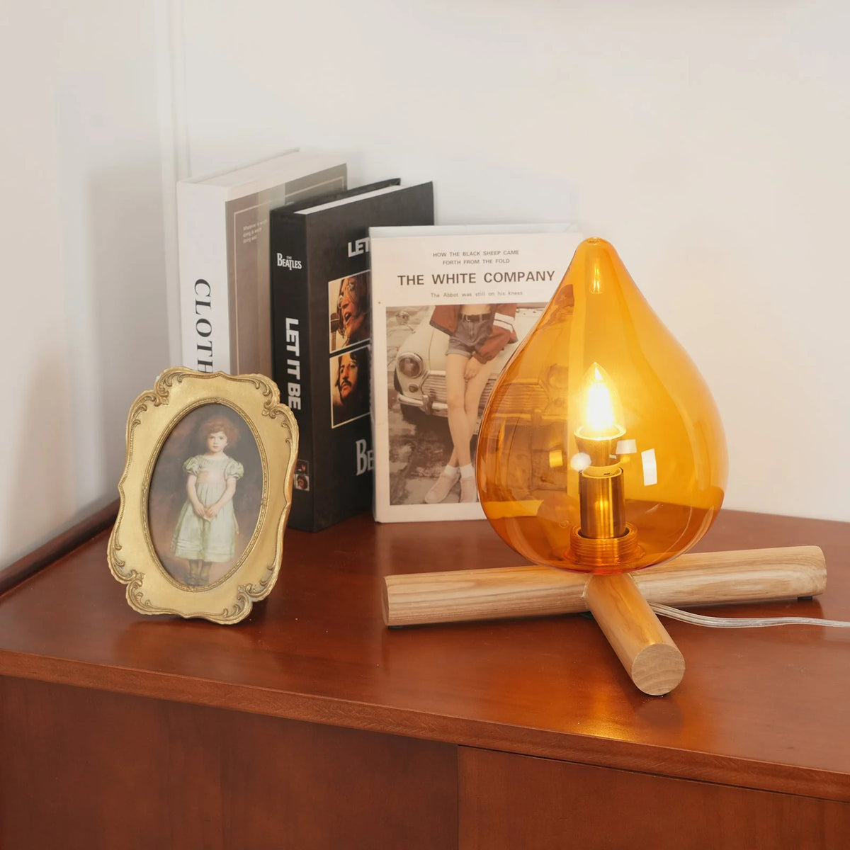 Table Lamp | Hand-Blown Glass Shade & Wood Cross Base