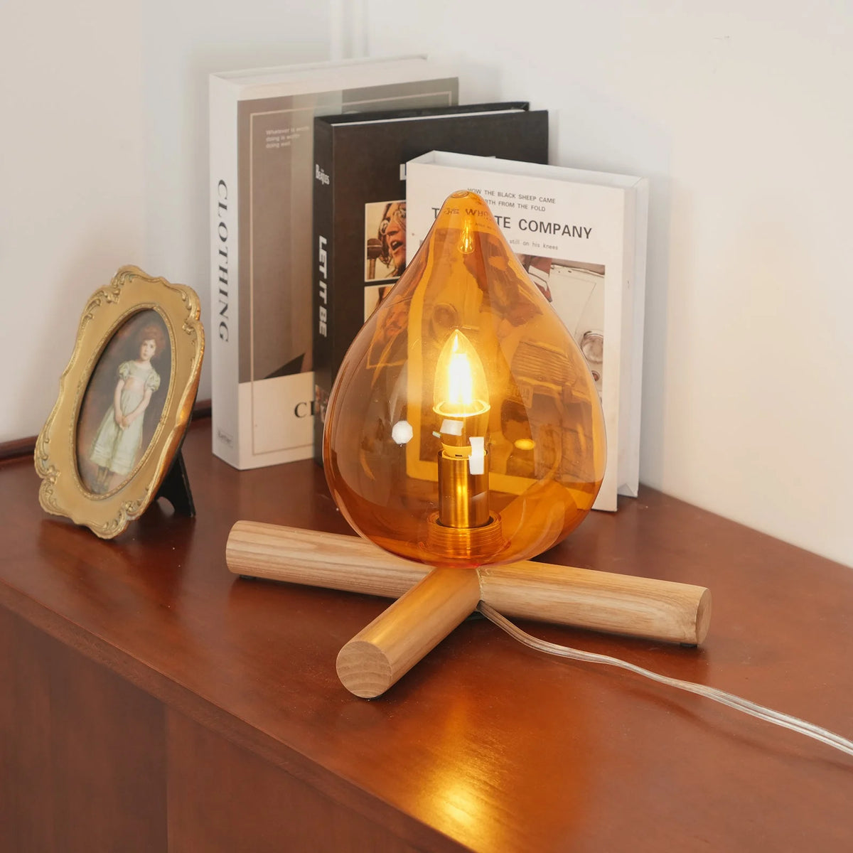 Table Lamp | Hand-Blown Glass Shade & Wood Cross Base