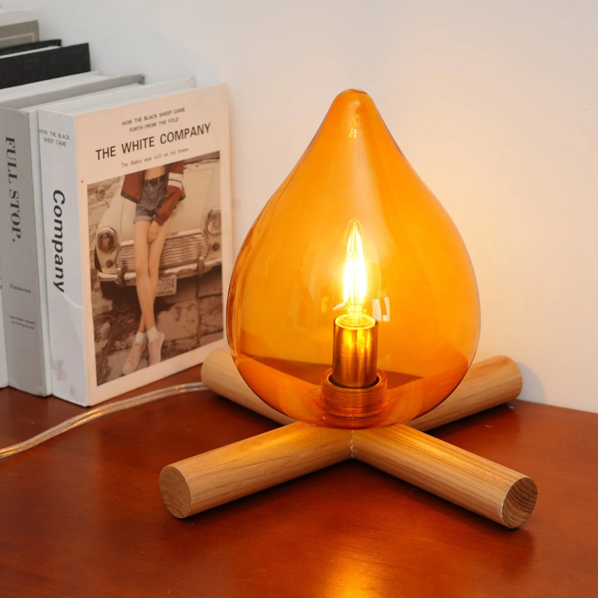 Table Lamp | Hand-Blown Glass Shade & Wood Cross Base