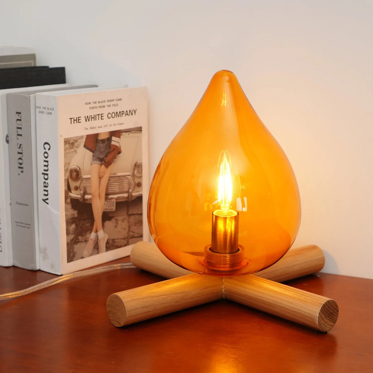 Table Lamp | Hand-Blown Glass Shade & Wood Cross Base