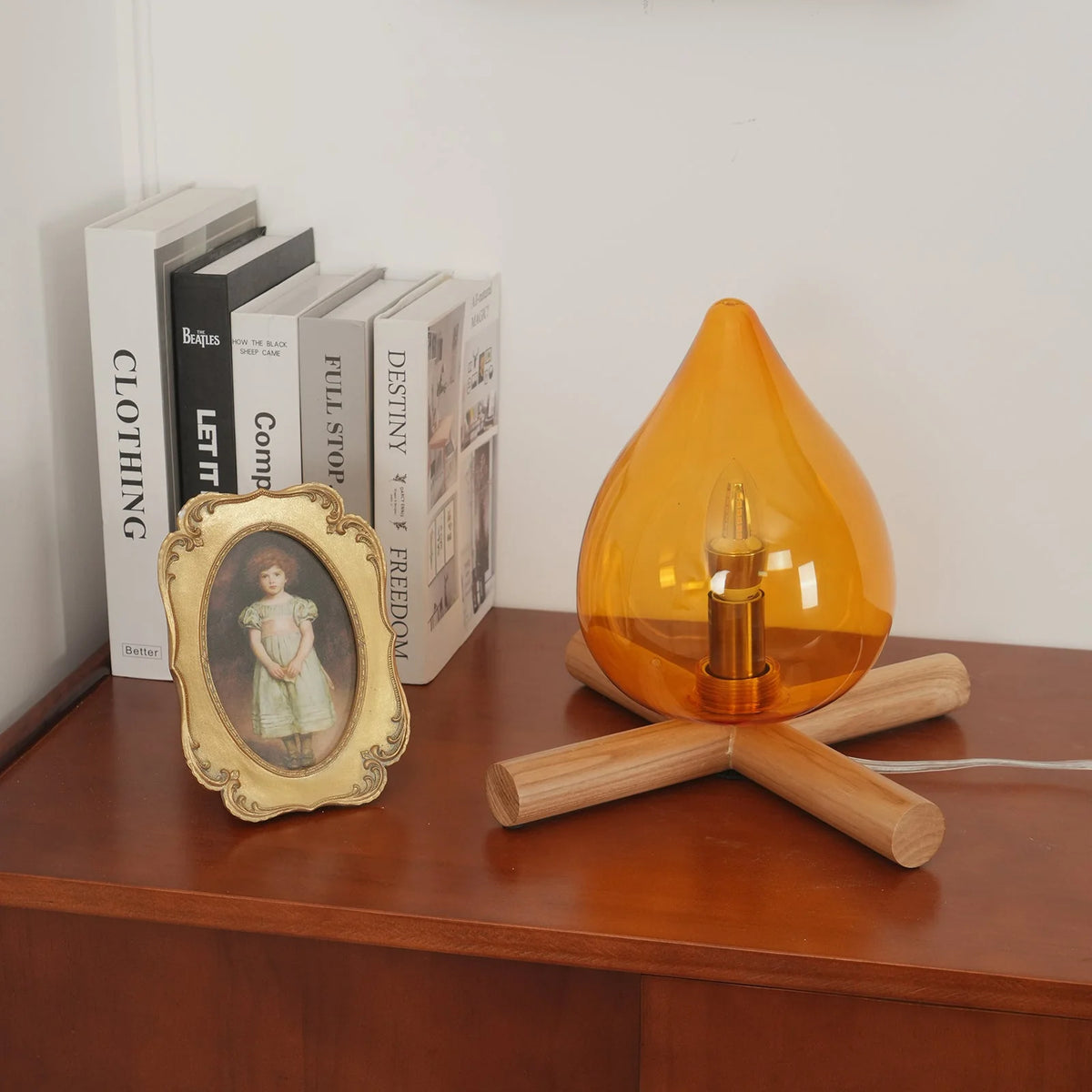 Table Lamp | Hand-Blown Glass Shade & Wood Cross Base
