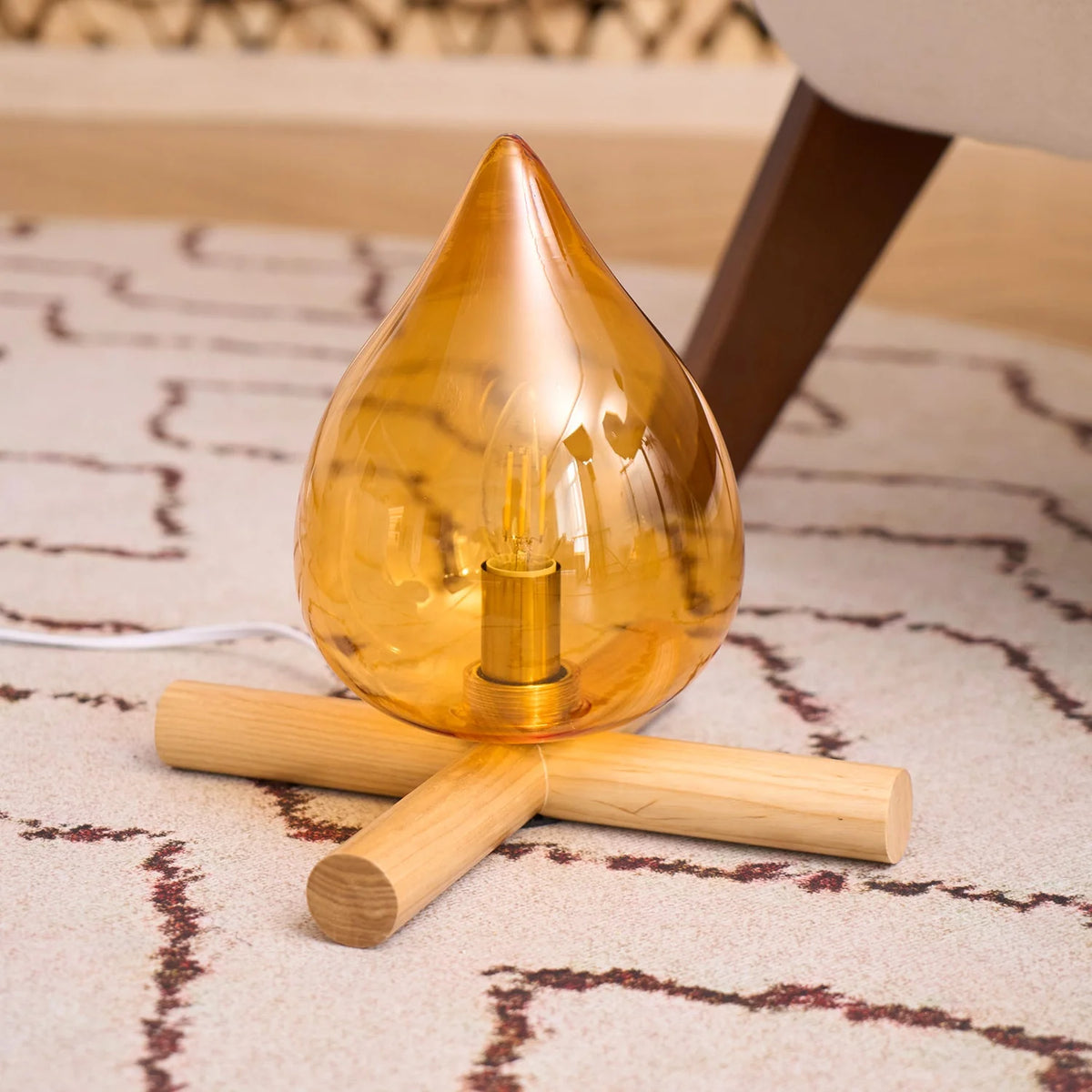 Table Lamp | Hand-Blown Glass Shade & Wood Cross Base