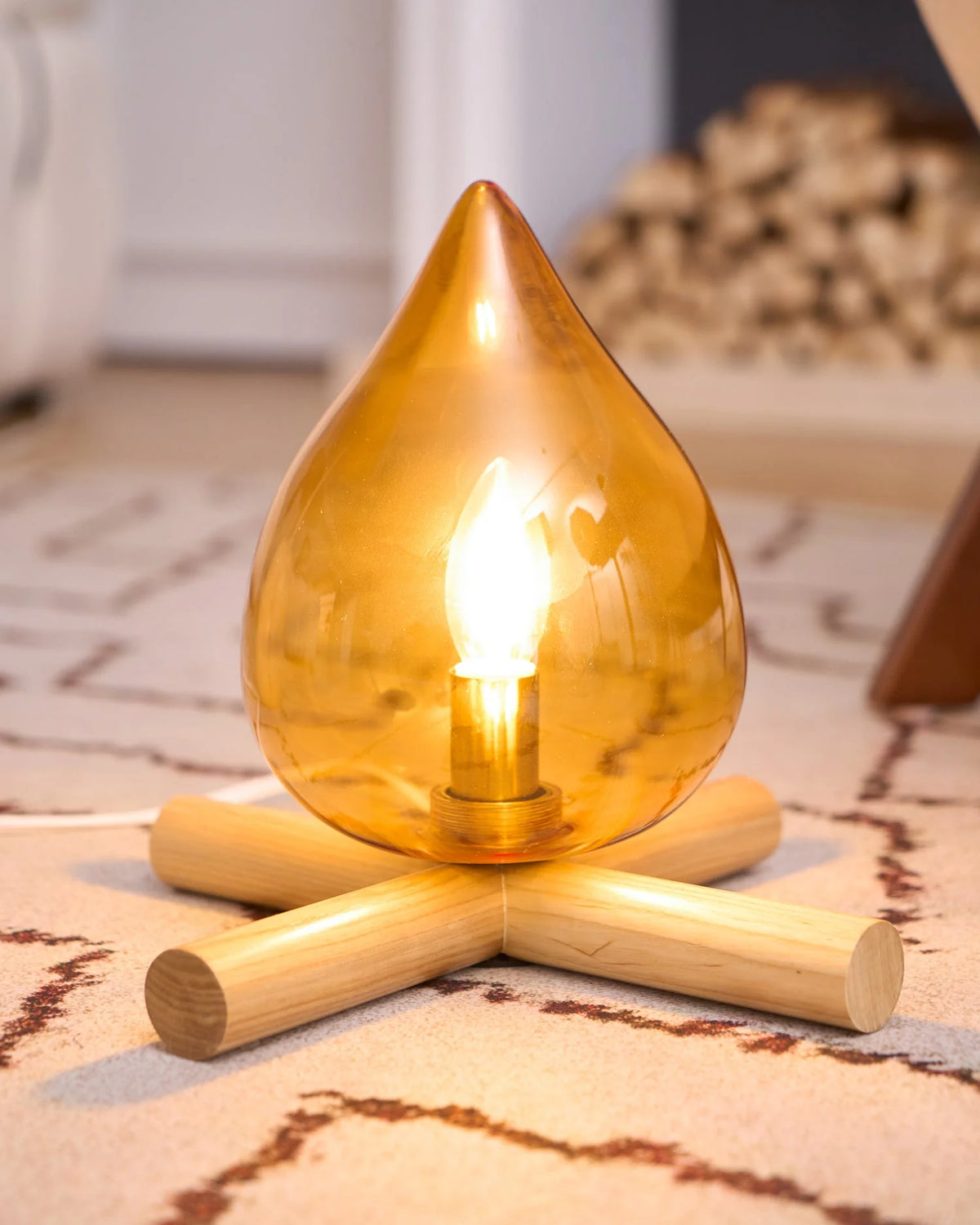 Table Lamp | Hand-Blown Glass Shade & Wood Cross Base