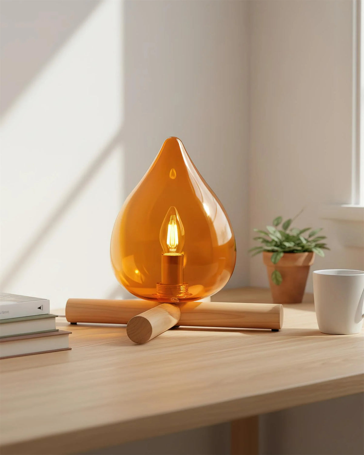 Table Lamp | Hand-Blown Glass Shade & Wood Cross Base